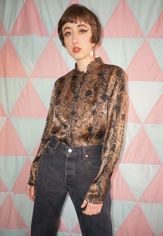 VINTAGE 80S BROWN FLORAL PATTERNED MANDARIN COLLAR SHIRT