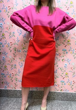 Vintage 80s dress Blue Horizon red pink cotton midi 