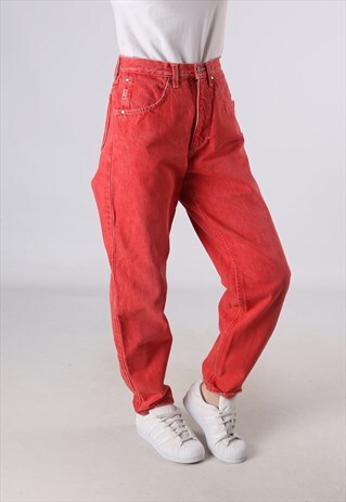 VINTAGE HIGH WAISTED DENIM JEANS WIDE TAPERED UK 10 12 (CA5C