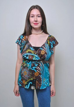 Y2k sheer top, deep v floral top XL size ruffle summer shirt