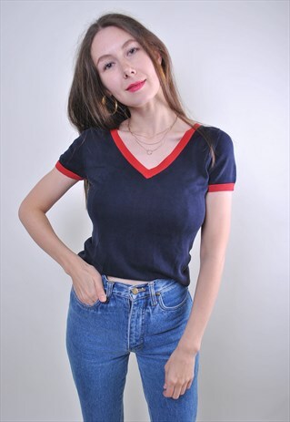 90S WOMEN RETRO V-NECK BLUE SPORT COLLEGE TSHIRT