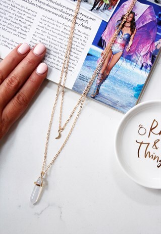 GOLD MOON CLEAR QUARTZ STONE GEM MULTI LAYER NECKLACE
