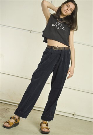 VINTAGE 90'S RETRO HIGH WAIST TROUSERS IN NAVY BLUE CORDUROY