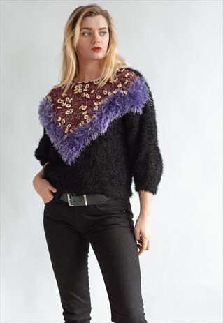 VINTAGE 70S FLUFFY WESTERN JUMPER WITH 3/4 SLEEVE