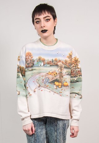VINTAGE 90'S WHITE SCENIC PRINT SWEATSHIRT