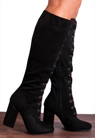 BLACK LACE UP KNEE HIGH BOOTS