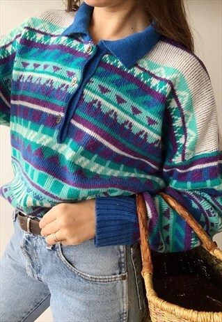 VINTAGE 70S FAIR ISLE PATTERN CHRISTMAS JAZZY KNITTED JUMPER