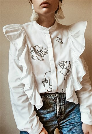 HAND EMBROIDERED WHITE COWBOY SHIRT WITH RUFFLES