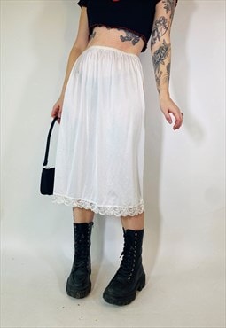 Vintage 90s 00s Y2K Satin Lace White Midi Grunge Sheer Skirt