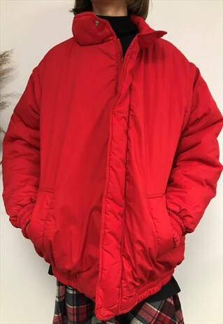 red puffer jacket vest