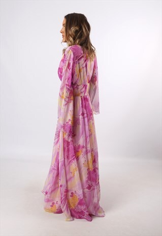 DRESS PATTERNED FLORAL PRINT VINTAGE LONG UK 12 (CG3S)