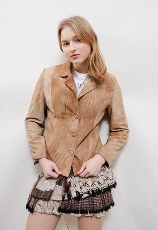 VINTAGE FITTED BUTTON UP SOFT SUEDE WOMEN JACKET IN BROWN S