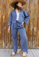 NEW HANDMADE BLUE & WHITE PRINT WIDE LEG TROUSERS