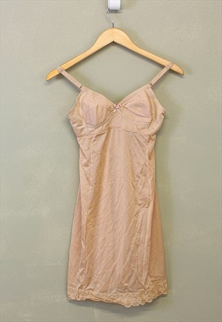 Vintage Y2K Slip Dress Tan With Bow And Lace Details 