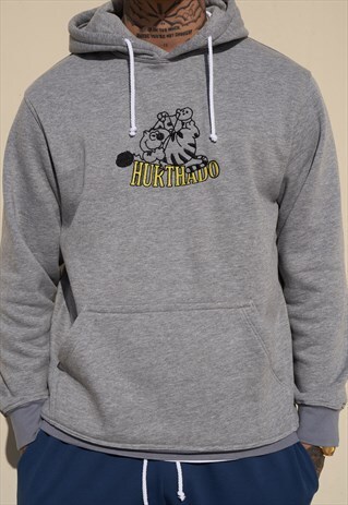 HANDMADE SWEATSHIRT HOODIE IN GREY WITH EMBROIDERED DESIGN