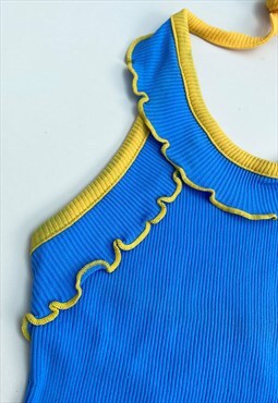 70's Vintage Headstock Ladies Blue Yellow Halter Neck Top