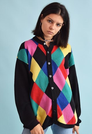 90'S RETRO KNIT ARGYLE PATTERN OVERSIZED CARDIGAN TOP
