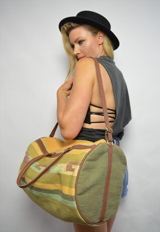 90S GREEN BROWN & MUSTARD AZTEC NAVAJO WOVEN DUFFLE BAG