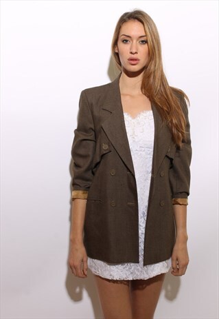 VINTAGE 1980'S 80'S DOUBLE BREASTED BLAZER SUIT JACKET S-M