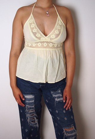 YELLOW HALTER LACE DETAIL TOP