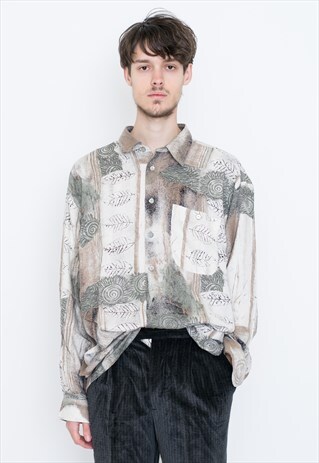 VINTAGE LIGHT MULTI LEAF PATTERNED LONG SLEEVE RETRO SHIRT
