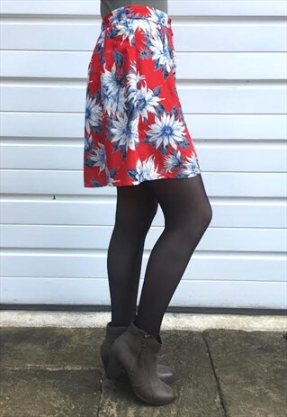 WOMENS VINTAGE RED FLORAL BUTTON UP HIGH WAIST FLOATY SKIRT