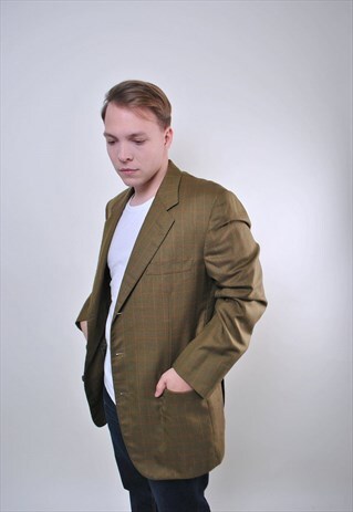 RETRO PLAID MEN BROWN CASHMERE PLUS SIZE BLAZER, SIZE XL