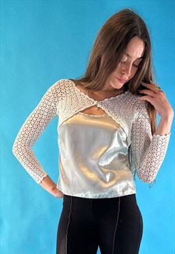 Vintage Y2K Cropped White Crochet Cardigan