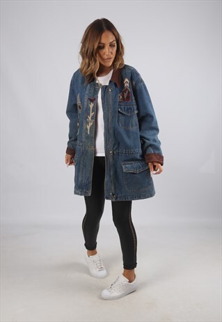 VINTAGE DENIM JACKET OVERSIZED LONGLINE UK 16 XL (J9AB)
