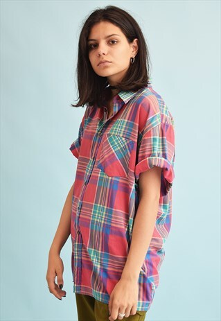 90'S RETRO CHECKED PRINT OVERSIZED WORKWEAR DADS BLOUSE