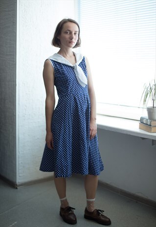 VINTAGE 70'S MIDI BLUE POLKA DOT SLEEVELESS DRESS
