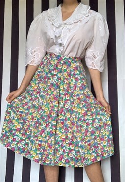 Vintage 80s midi colourful floral skirt, stretch waist large