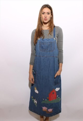 VINTAGE 1990'S 90'S NOVELTY FARM SCENE DENIM JUMPER DRESS OS
