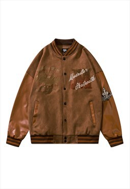 Brown Faux Leather Oversized Baseball Varsity jacket Y2k