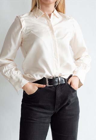 VINTAGE 60S PARIS CHIC SATIN SHIRT IN CREAM WHITE