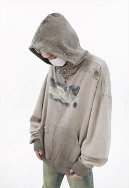 Grunge hoodie vintage wash pullover utility top in brown