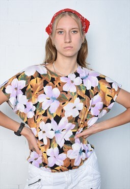 Vintage 80s floral print round neck blouse shirt top tee
