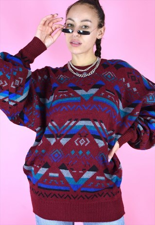 VINTAGE 90S KNIT JUMPER GEOMETRIC PATTERN MAROON BLUE GREY