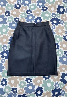 80's Black Leather Ladies Vintage Pencil Mini Skirt XS