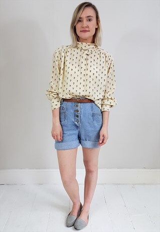 VINTAGE 80'S CREAM HIGH NECK FLORAL BLOUSE