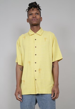 VINTAGE 90'S SHORT-SLEEVED YELLOW PALM TREE SILK SHIRT