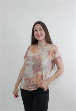 90s flowers printed blouse, vintage beige floral pullover 