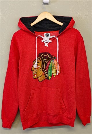 VINTAGE NHL CHICAGO BLACKHAWKS HOODIE RED WITH PRINT LOGO