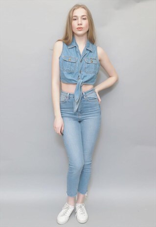 VINTAGE 1990'S 'PEPPER CLUB' LIGHT DENIM TIE FRONT CROP TOP