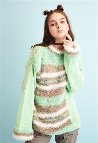 80'S RETRO FLUFFY STRIPED MOMS KNIT JUMPER