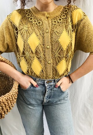 VINTAGE 90S CROCHET DETAILED BOHEME BRONZE KNIT BLOUSE TOP