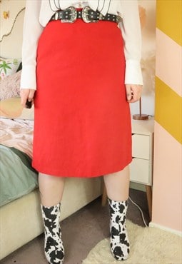 Vintage 50s Bright Vibrant Red Wool Woollen Pencil Skirt Mod
