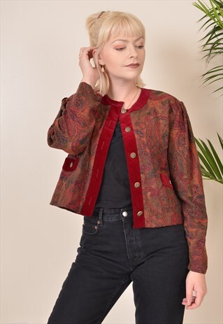 VINTAGE CROPPED PATTERNED BLAZER JACKET MAROON RED 90S