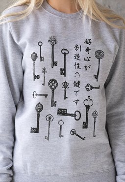 Japanese Sweatshirt Vintage Keys Writing Jumper Women Sweat