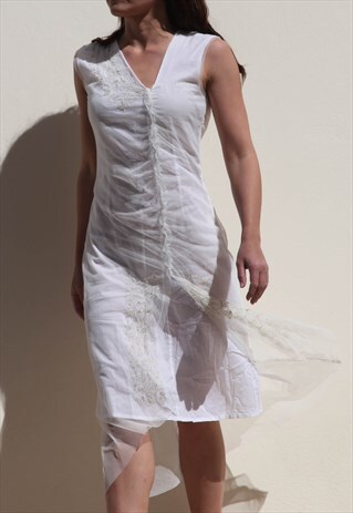 WHITE/GOLD EMBROIDERED TULLE DRESS